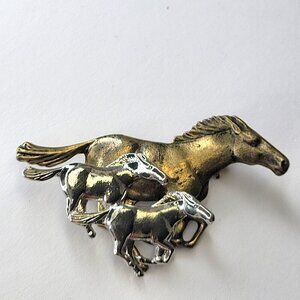 Race Horses Brooch Pin in Silver and Gold Tone